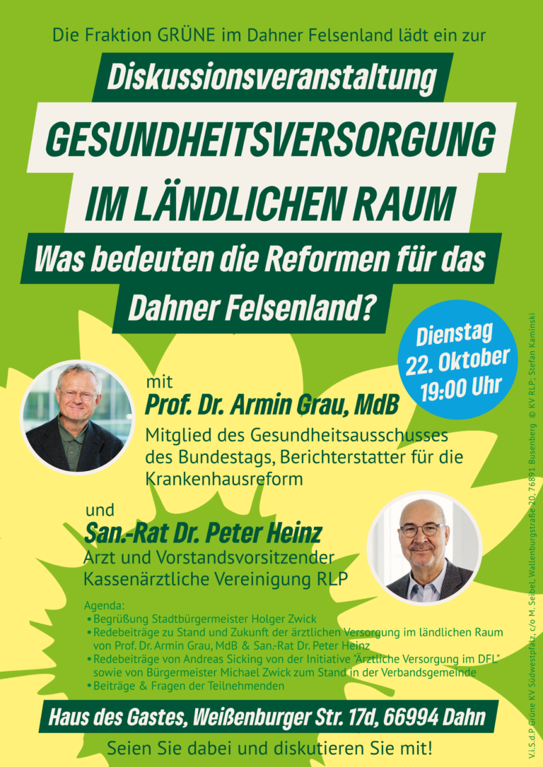 Diskussionsveranstaltung am Di, 22.10.24 ab 19 Uhr mit San-Rat. Dr. Peter Heinz (KV RLP) und Armin Grau zur Gesundheitsversorgung im ländlichen Raum